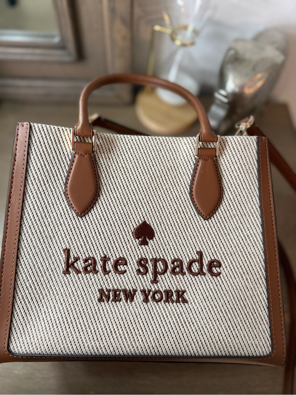 kate spade Cream Canvas and Tan Leather Satchel